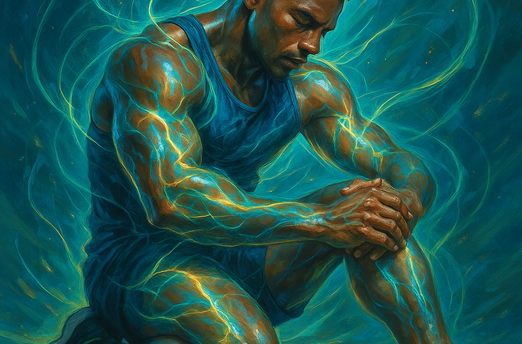 A dynamic image depicting an athlete recovering with subtle energetic lines.