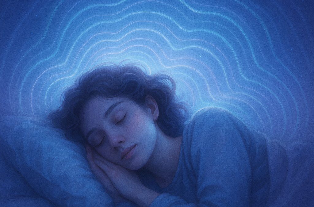 A serene image depicting restful sleep with subtle electromagnetic waves.
