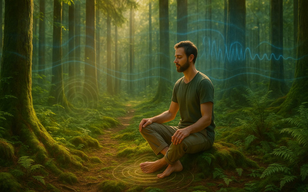 Person sitting barefoot in forest with electromagnetic energy patterns and healing frequencies