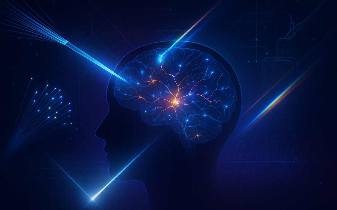 Brain with light beams showing mind control using light technology and optogenetics