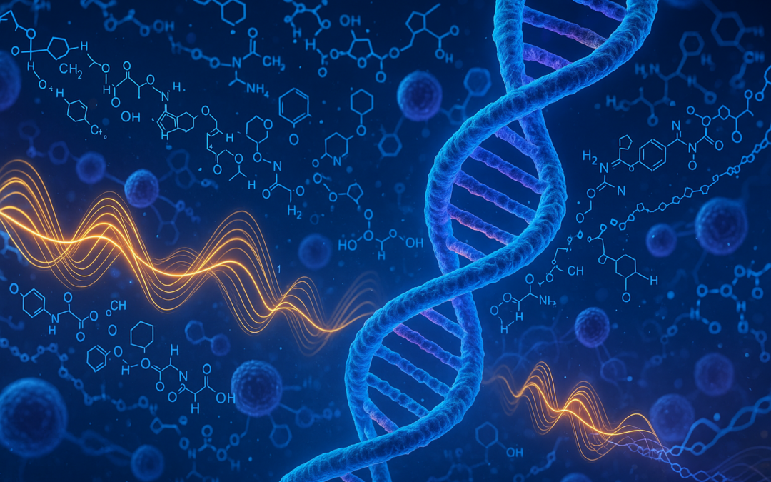 DNA double helix with electromagnetic waves enhancing polynucleotide therapy and genetic repair