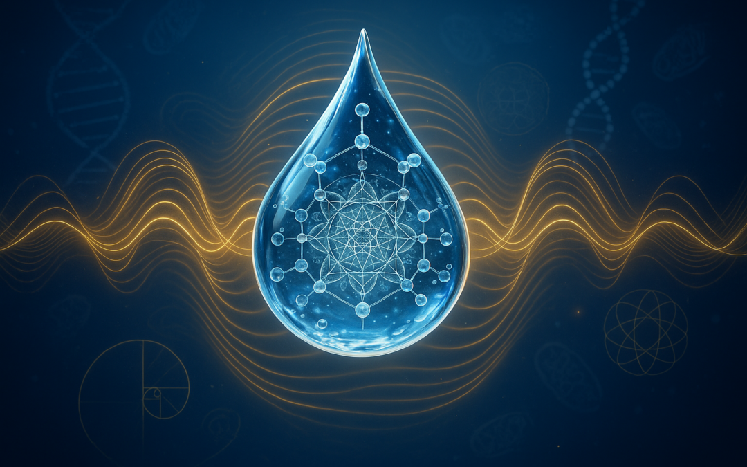 Water droplet with molecular structure and electromagnetic frequency waves representing 429.62 Hz water resonance therapy