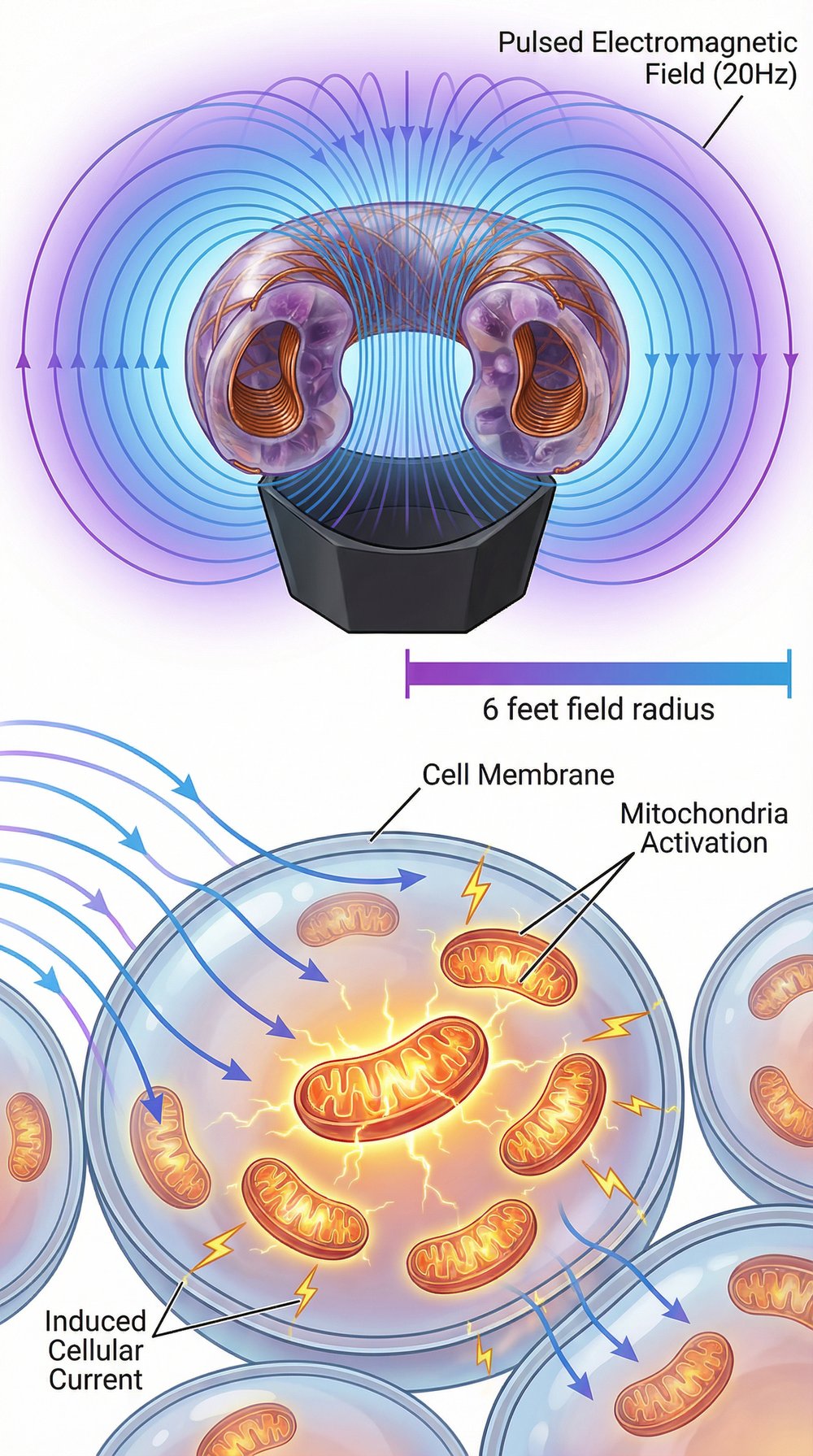 PEMF Cellular Mechanism Cross-Section Diagram showing electromagnetic field and cellular interaction