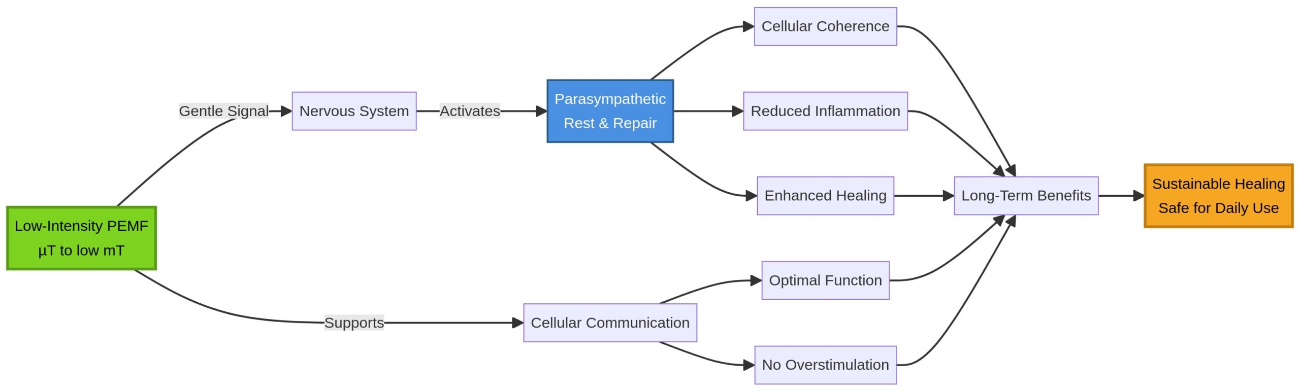 Diagram showing the gentle, resonant signal of low-intensity PEMF supporting cellular communication and nervous system coherence.