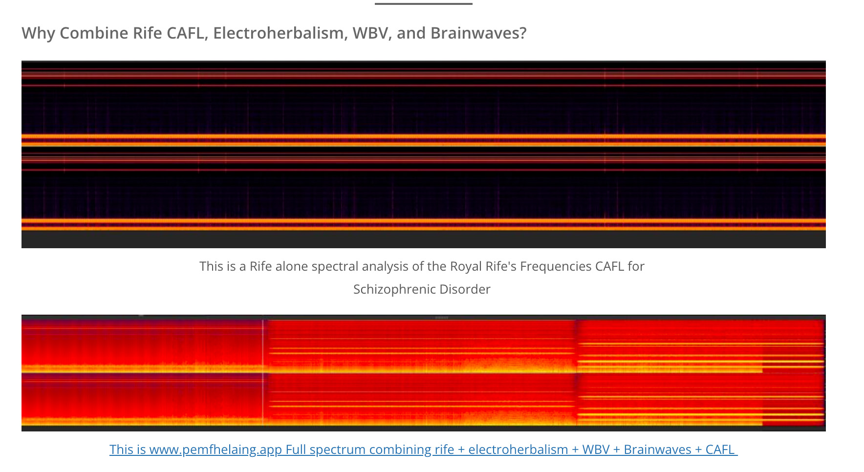 Spectral analysis comparison showing narrow Rife frequencies versus full spectrum PEMF