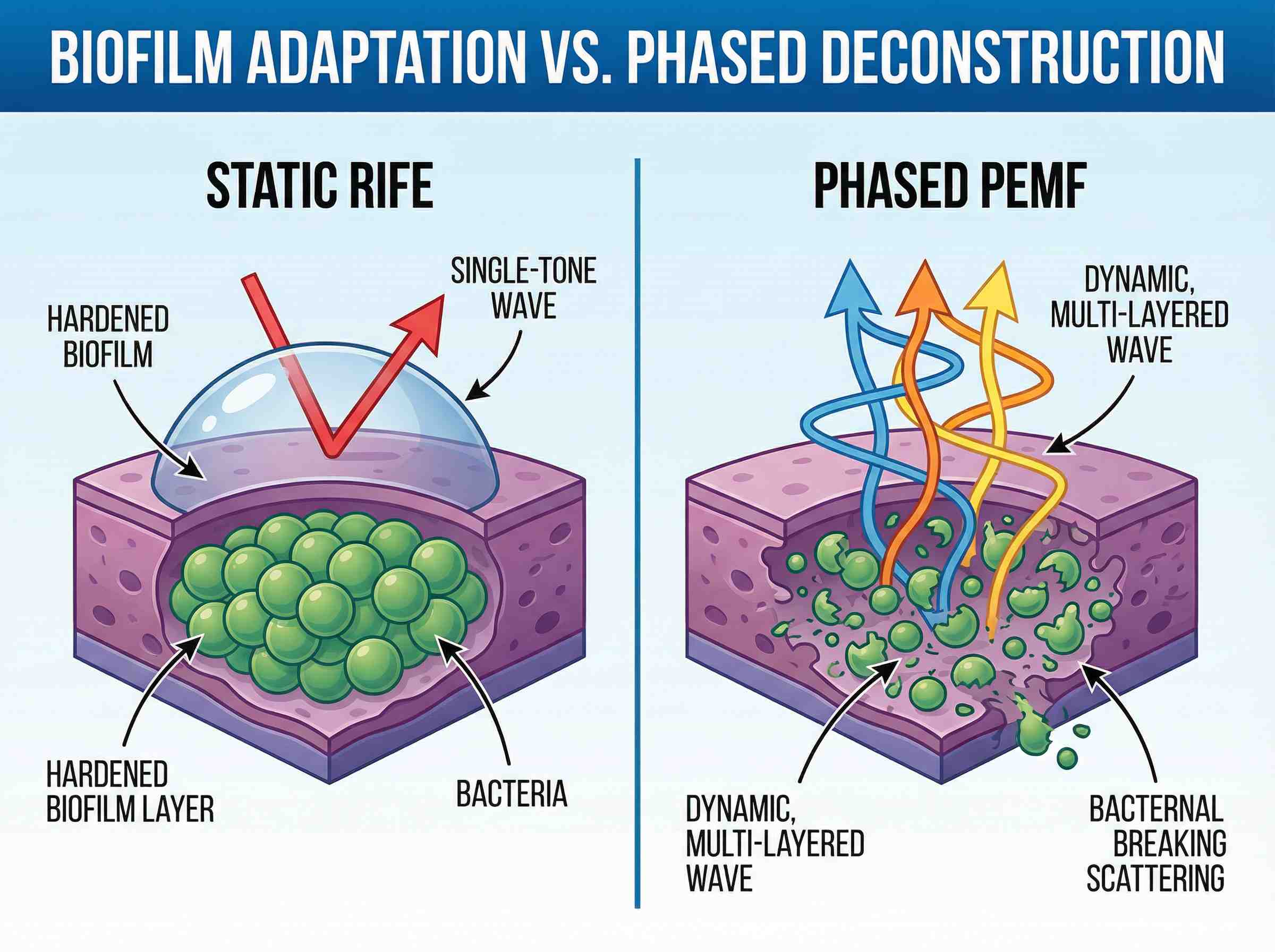 Biofilm Adaptation vs Phased Deconstruction Diagram