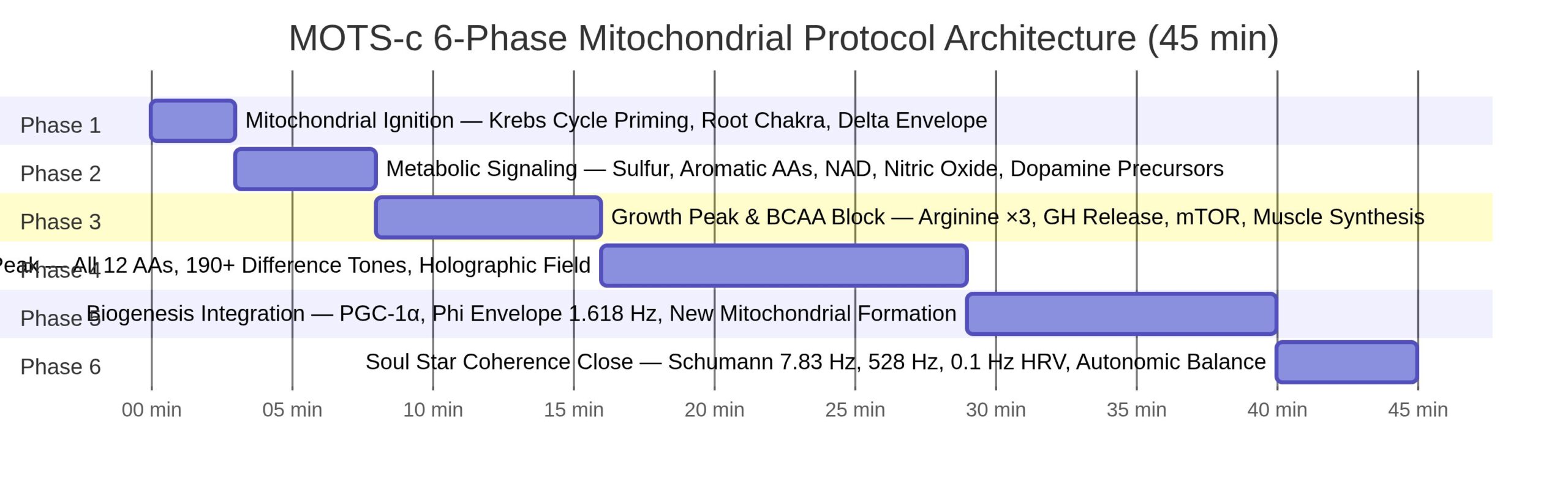 MOTS-c 6-Phase Protocol Architecture — 45-minute session timeline with phase descriptions