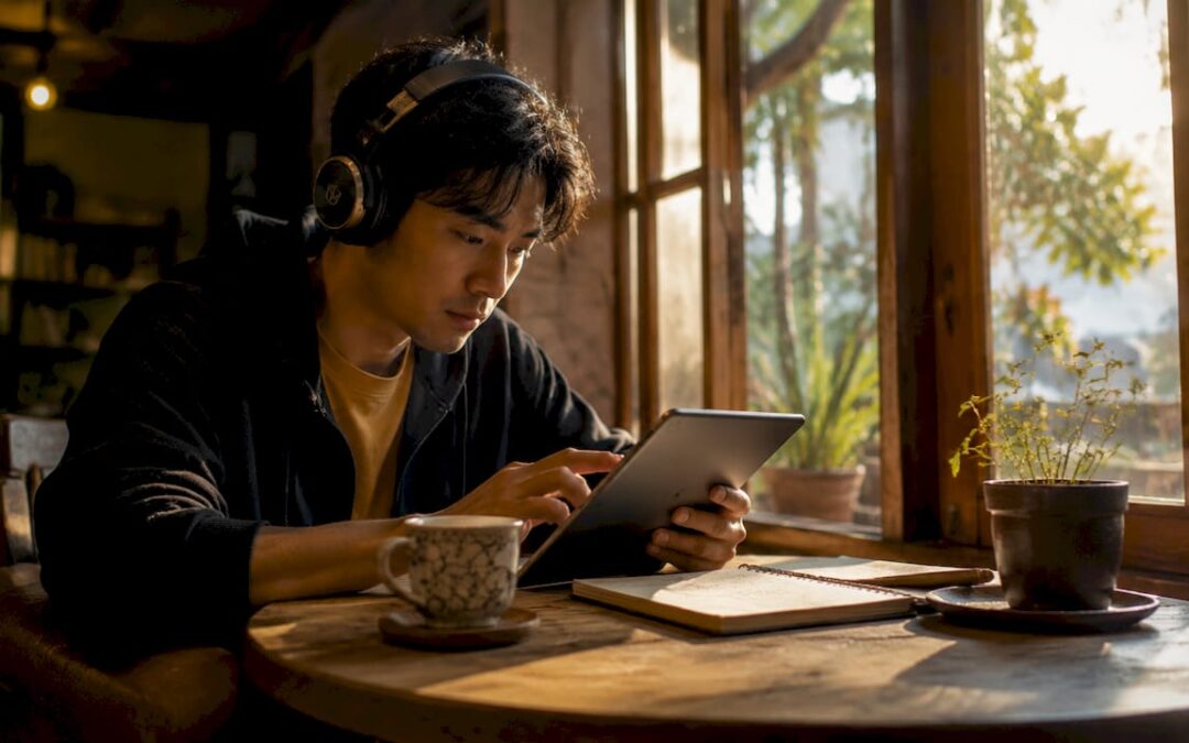 Man adjusting brainwave frequency audio on tablet