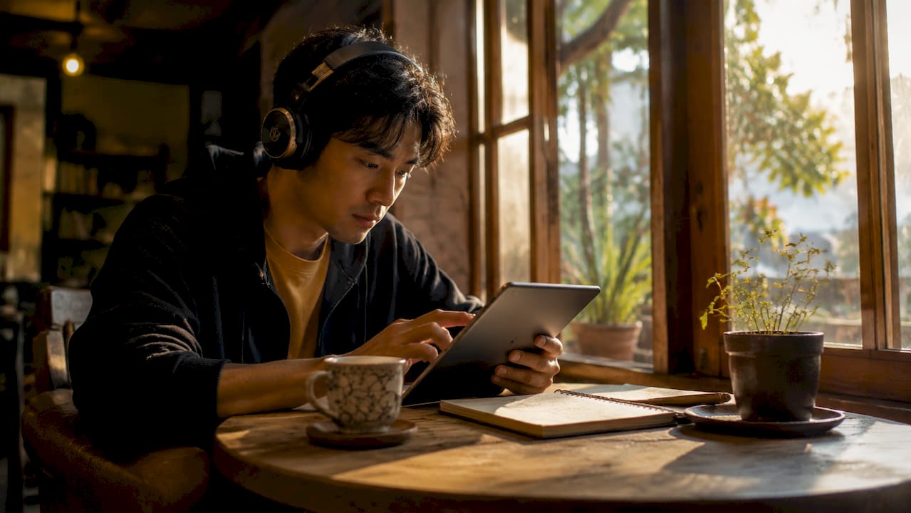 Man adjusting brainwave frequency audio on tablet