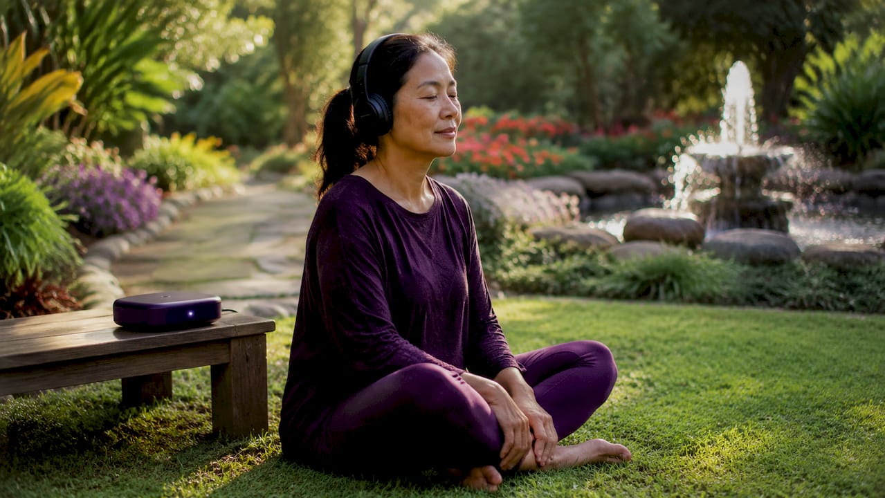 Woman receiving resonant frequency therapy relaxing