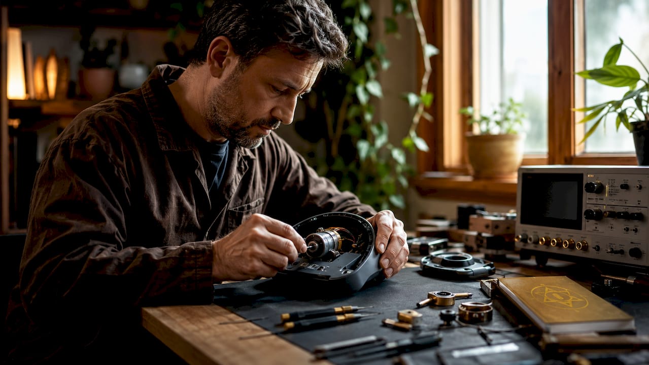 Technician assembling and testing haptic device
