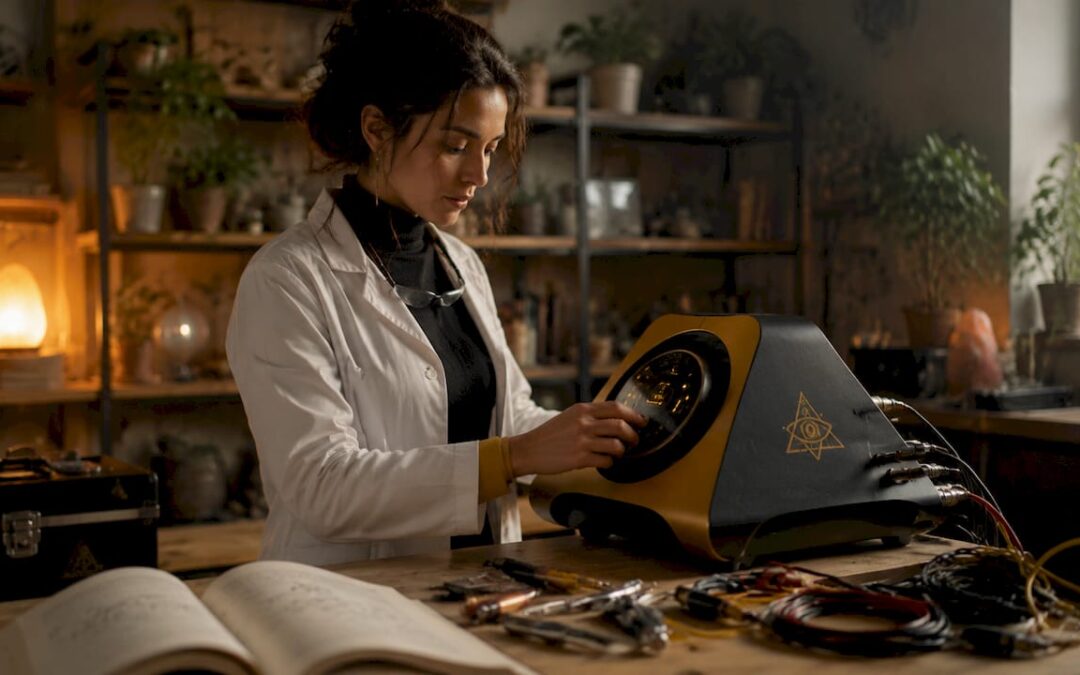 Biomedical engineer calibrating frequency therapy device