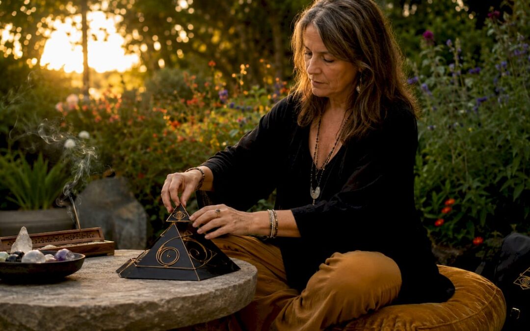 Woman preparing frequency pyramid device