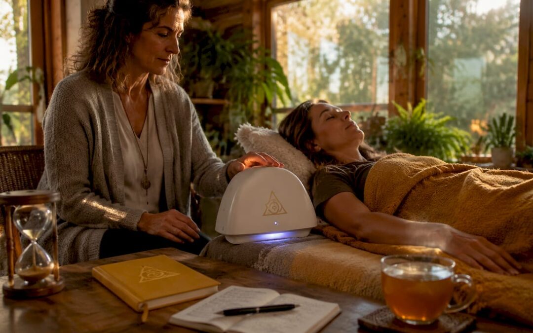 Therapist preparing scalar wave healing device