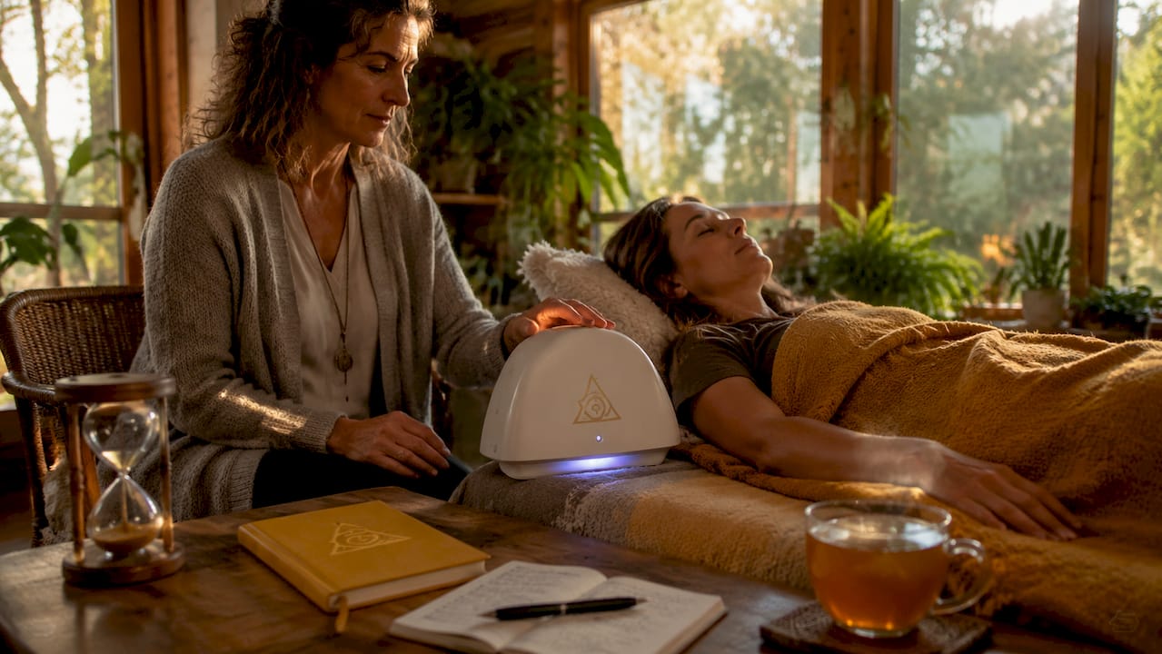 Therapist preparing scalar wave healing device
