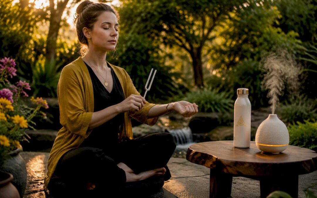 Woman meditating using tuning fork for healing