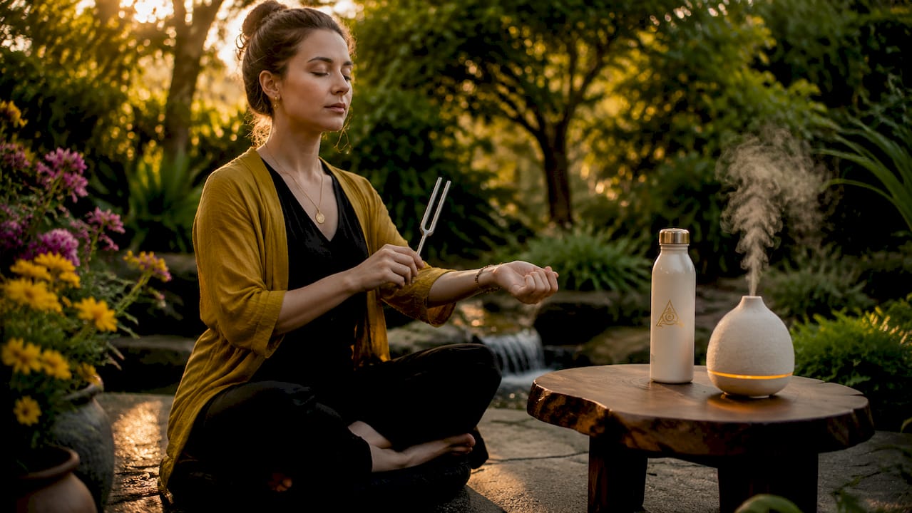 Woman meditating using tuning fork for healing