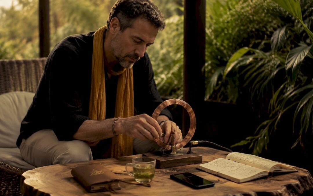 Man adjusting qi coil device in home wellness room