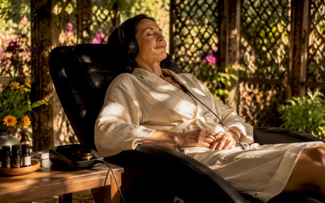Woman relaxing during frequency wellness therapy
