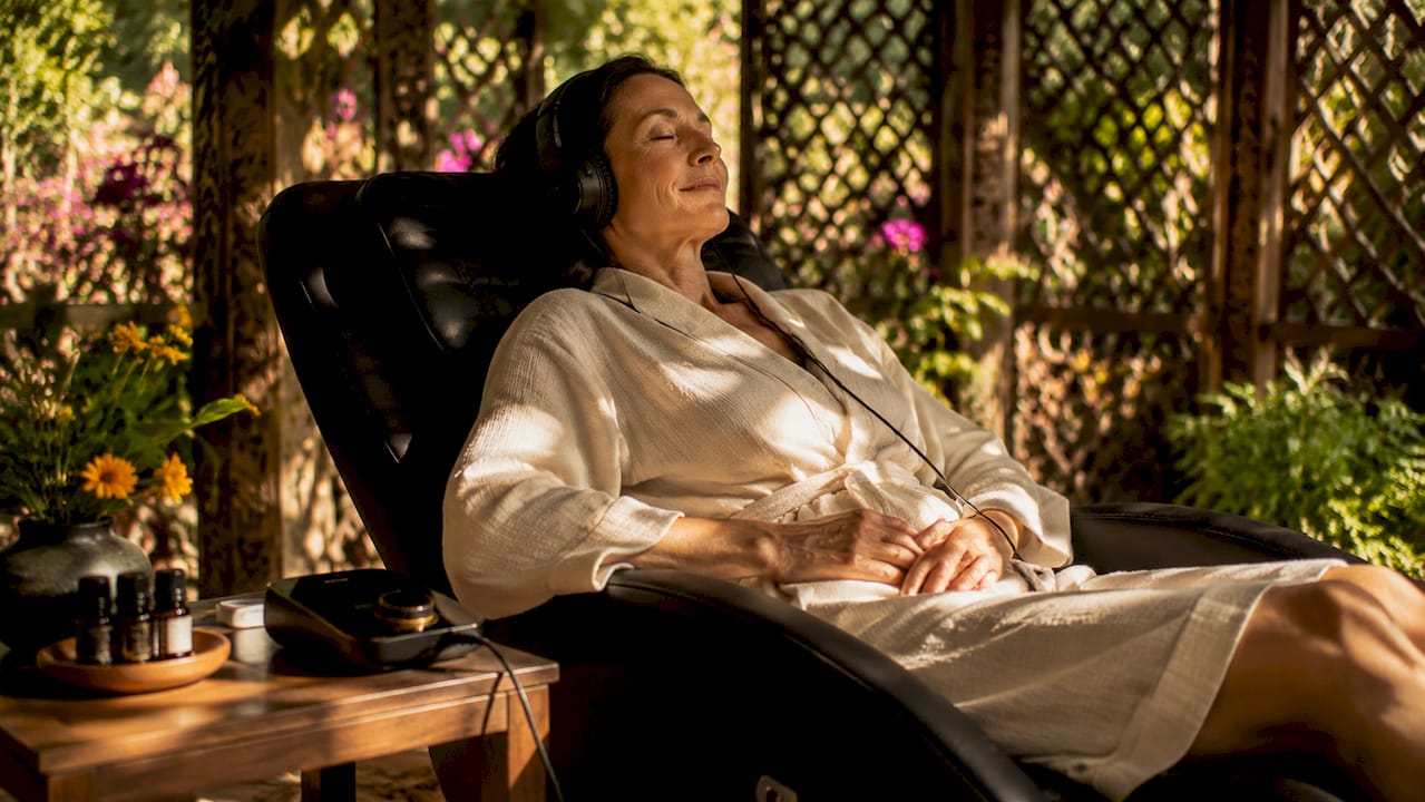 Woman relaxing during frequency wellness therapy