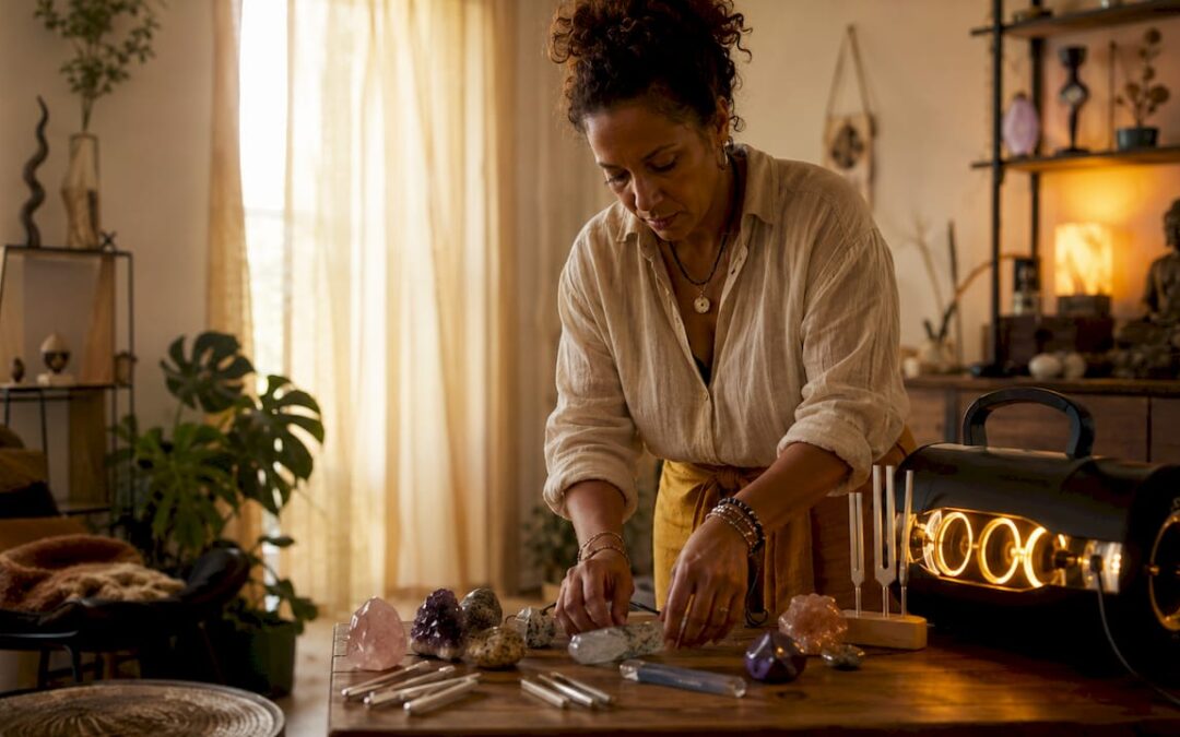 Practitioner preparing frequency healing devices