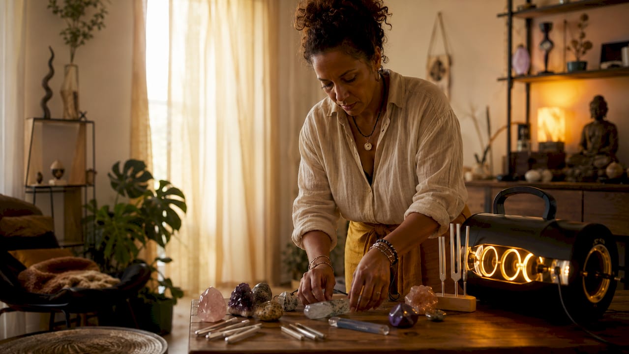 Practitioner preparing frequency healing devices