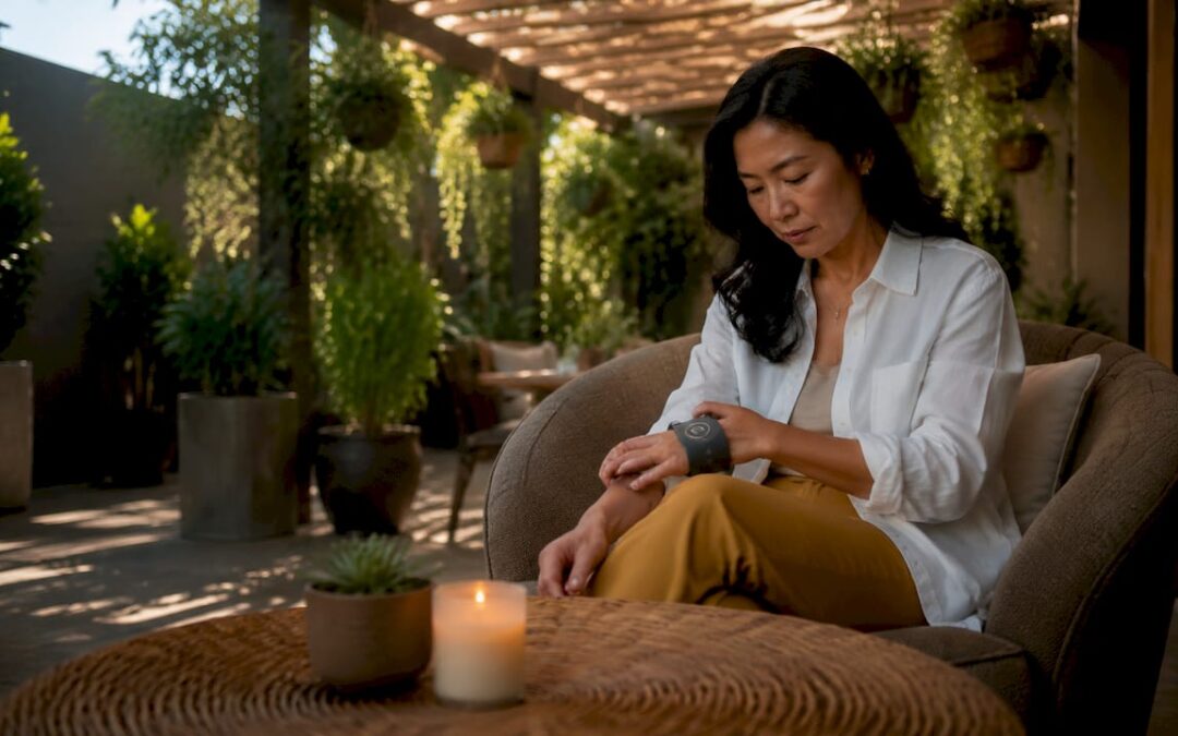 Woman adjusting haptic wearable on forearm