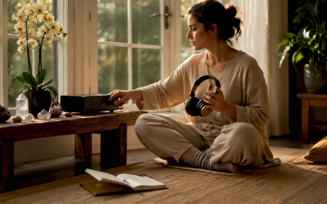 Woman meditating with frequency healing devices