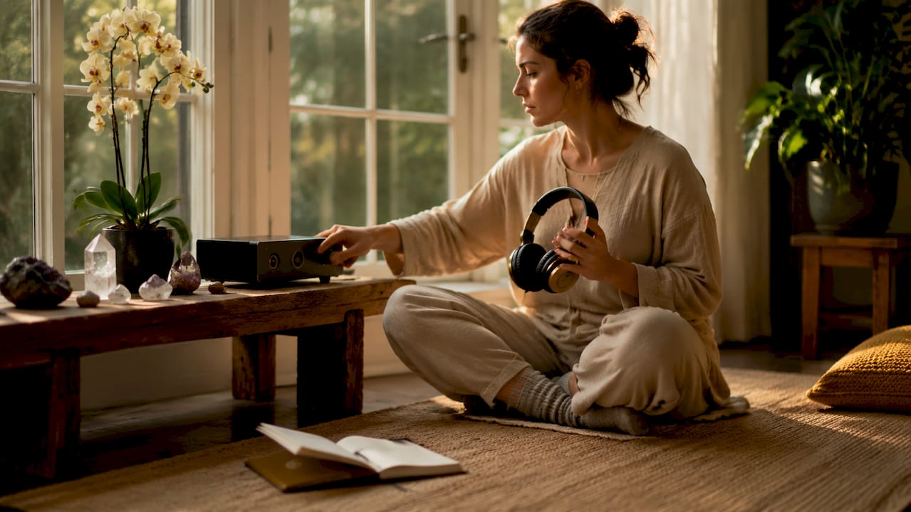 Woman meditating with frequency healing devices
