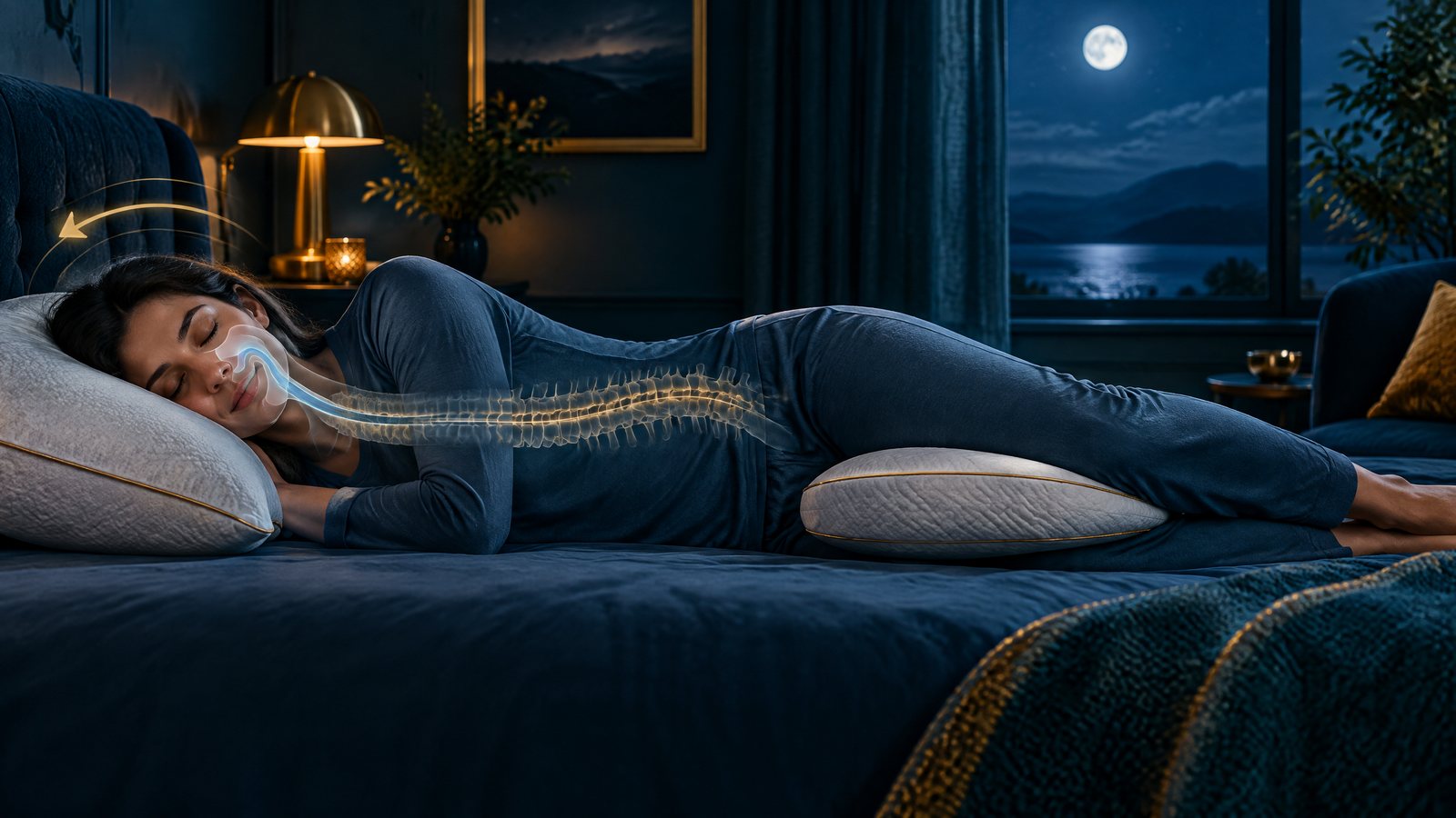 Person sleeping on their side with a supportive head pillow and knee pillow, with an editorial airway and spinal-alignment visualization