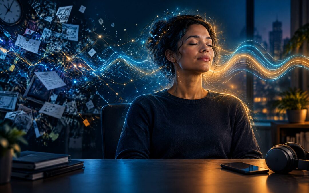 Professional moving from cognitive overload toward a composed sensory-recovery moment at a desk.