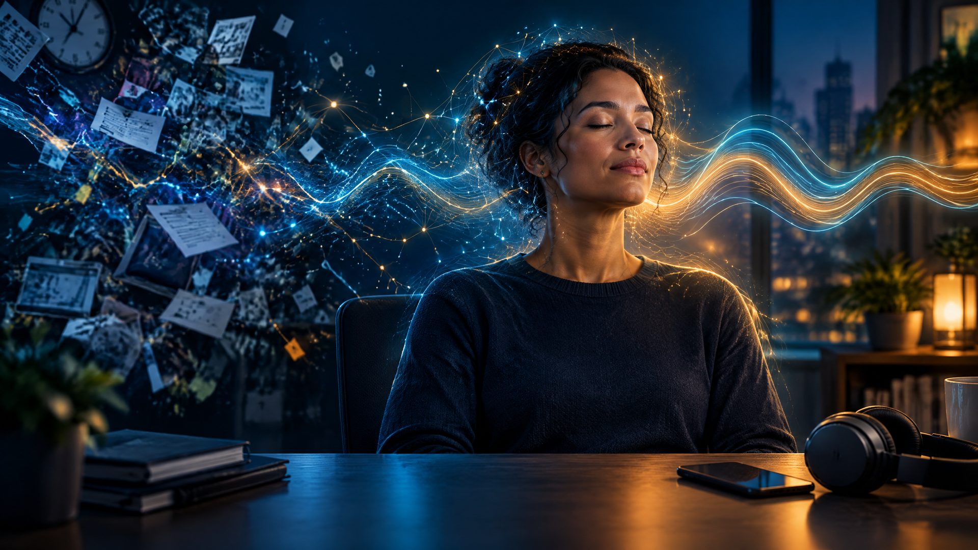 Professional moving from cognitive overload toward a composed sensory-recovery moment at a desk.