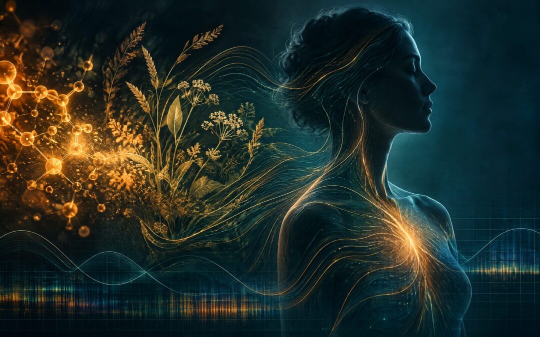 Abstract editorial image of a calm human profile surrounded by botanical grain forms, molecular-network imagery, and layered bioelectric wave lines.