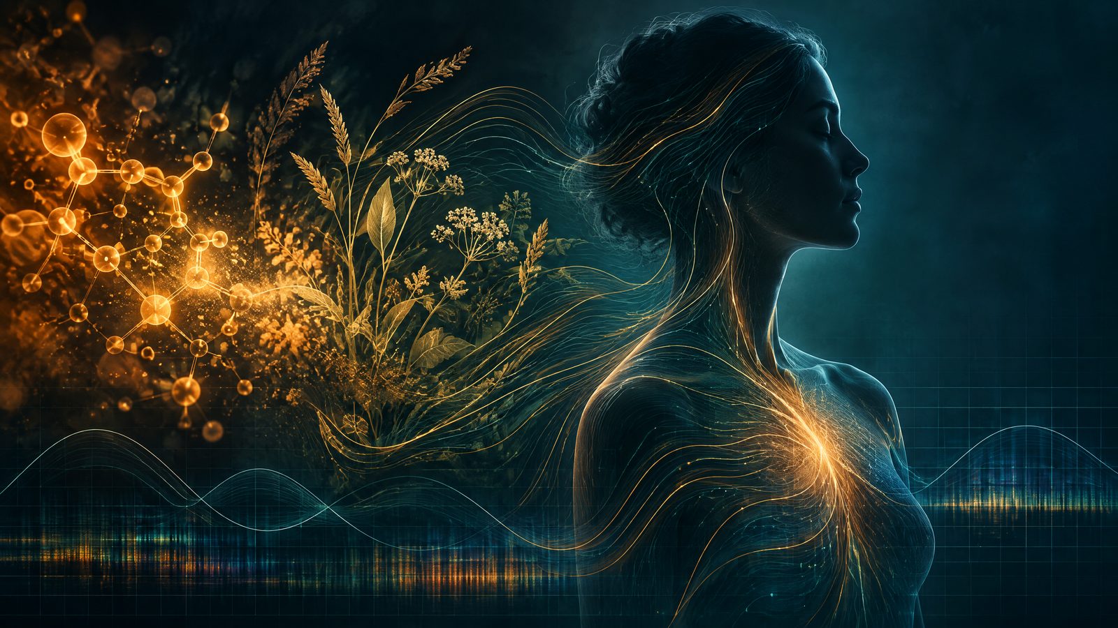 Abstract editorial image of a calm human profile surrounded by botanical grain forms, molecular-network imagery, and layered bioelectric wave lines.