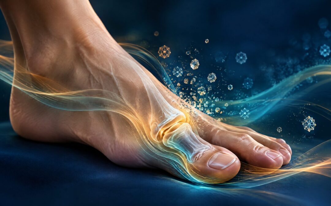 Gout flare matrix editorial hero showing big-toe joint anatomy with abstract wave contours