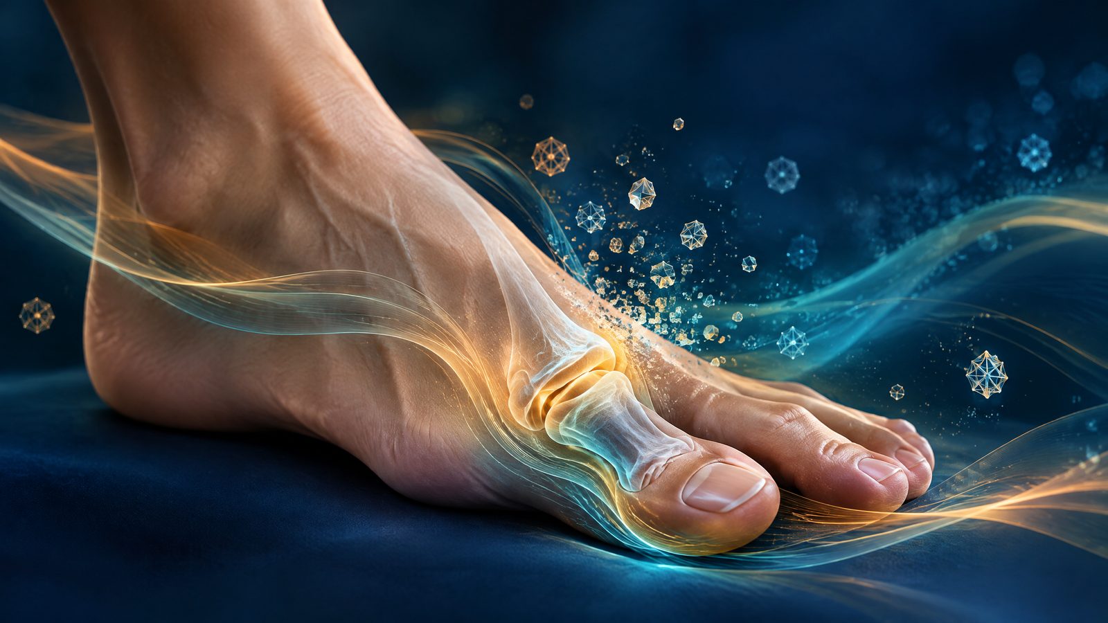 Gout flare matrix editorial hero showing big-toe joint anatomy with abstract wave contours