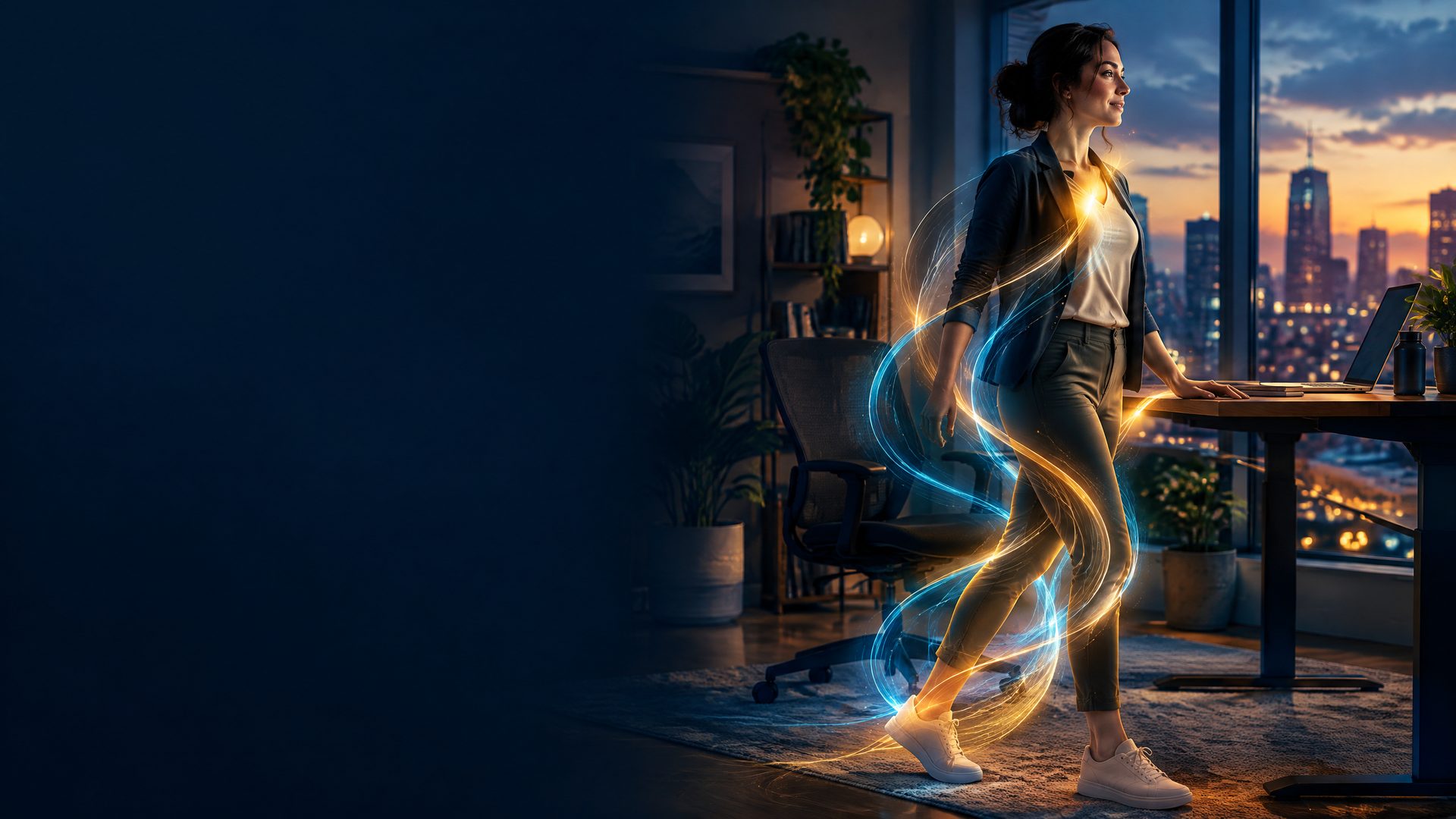 Professional standing from a desk with blue and amber light trajectories suggesting a sedentary movement transition.