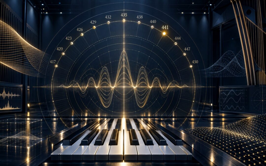 Scientific acoustic illustration of 13 tuning references around a piano and waveform, with 441 Hz highlighted in a defined mathematical comparison.