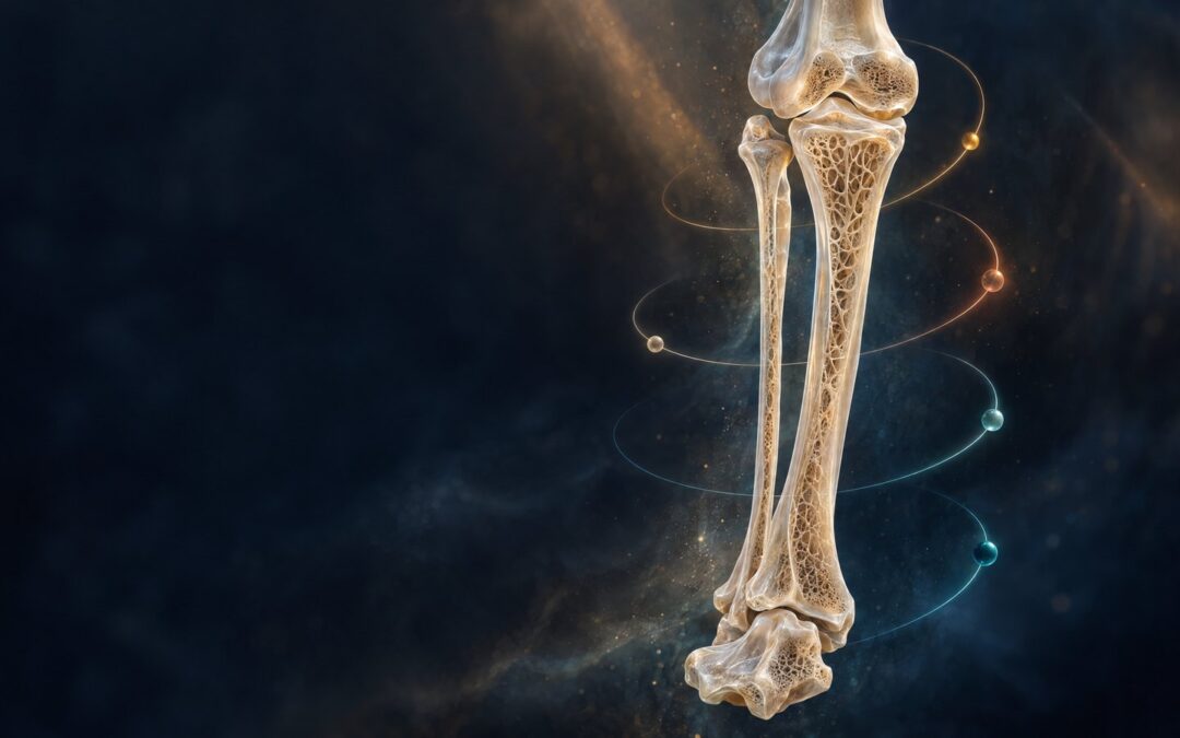 Transparent tibia and fibula with visible trabecular architecture against a dark scientific background