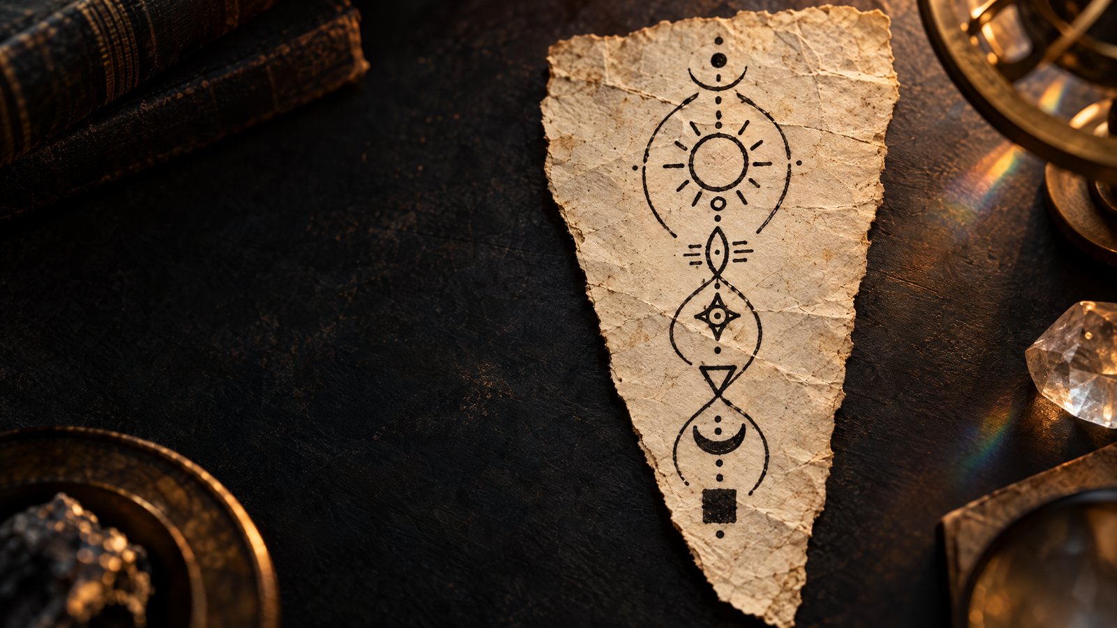 Editorial illustration of an archival paper artifact with a vertical ladder of hand-drawn geometric motifs, books, and a magnifying glass. It is an illustrative image, not an authenticated reproduction.