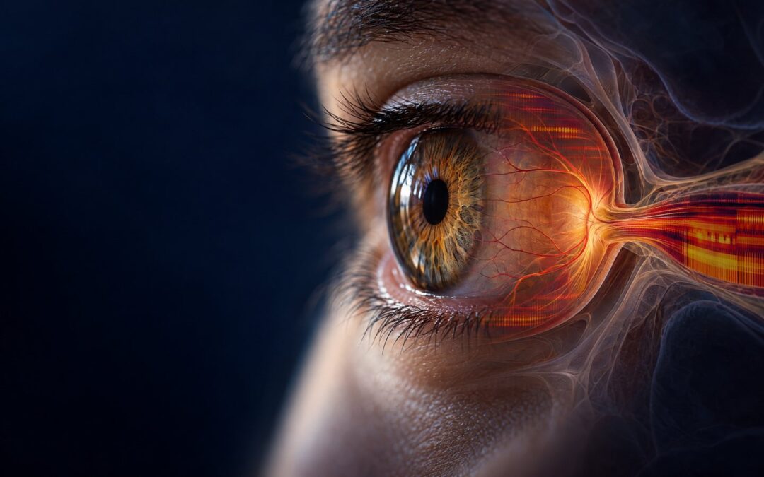 Editorial close-up of a human eye with an optic-nerve visualization and warm layered signal bands