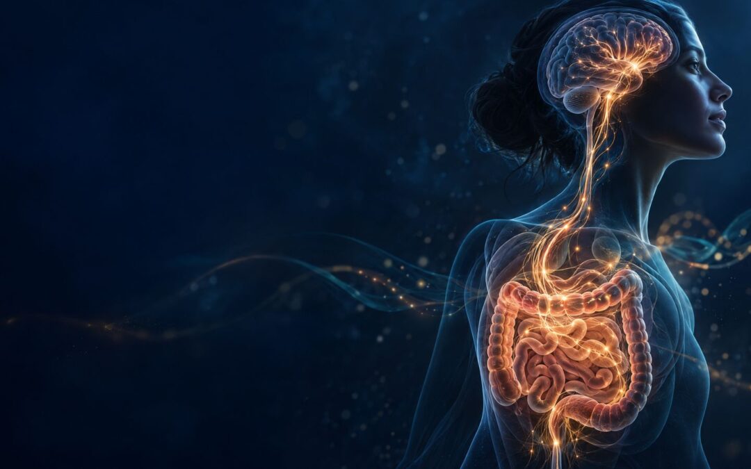Editorial illustration of a human profile and glowing intestinal neural network, representing multi-route gut-brain communication.