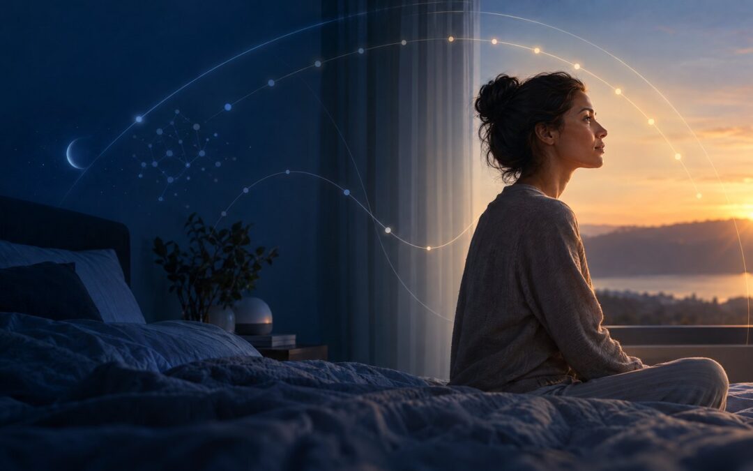 Person sitting quietly beside a bed as the scene transitions from night to sunrise with subtle abstract timing arcs.