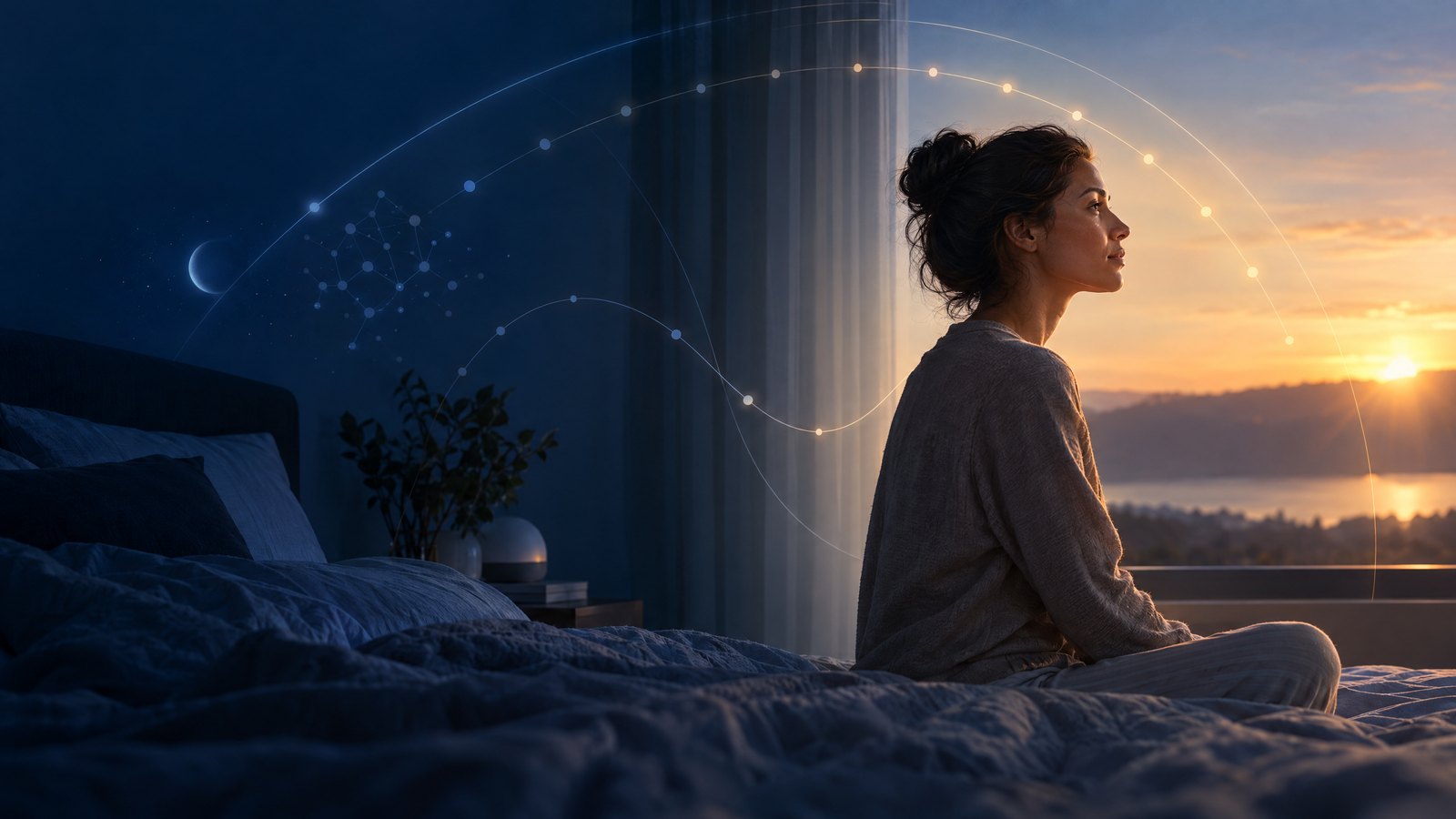 Person sitting quietly beside a bed as the scene transitions from night to sunrise with subtle abstract timing arcs.