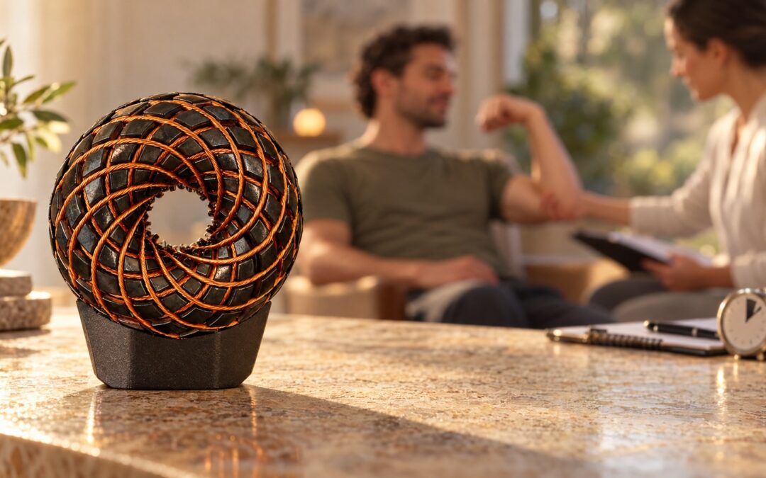 Dark faceted iTorus coil with orange-copper lattice beside a timer and observation log