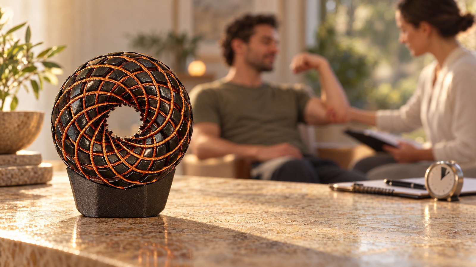 Dark faceted iTorus coil with orange-copper lattice beside a timer and observation log