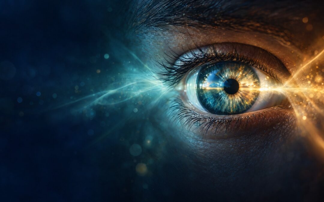 Editorial close-up eye with blue and amber light, representing perception, discernment, and two perspectives held in relation.