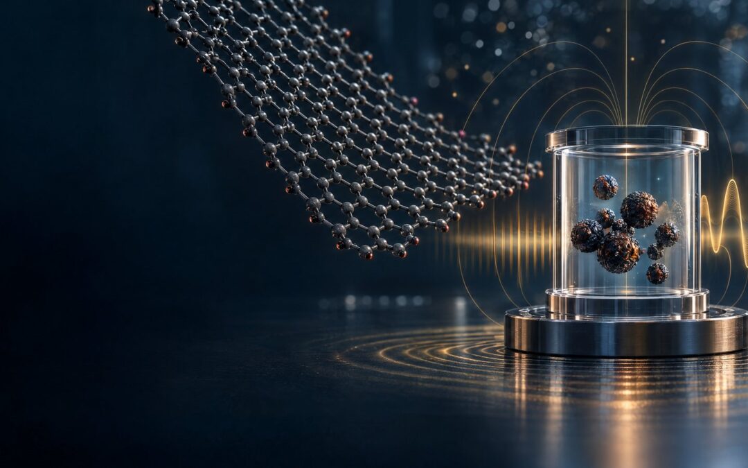 Editorial scientific illustration of a graphene lattice, engineered nanoparticles, and abstract field-wave patterns