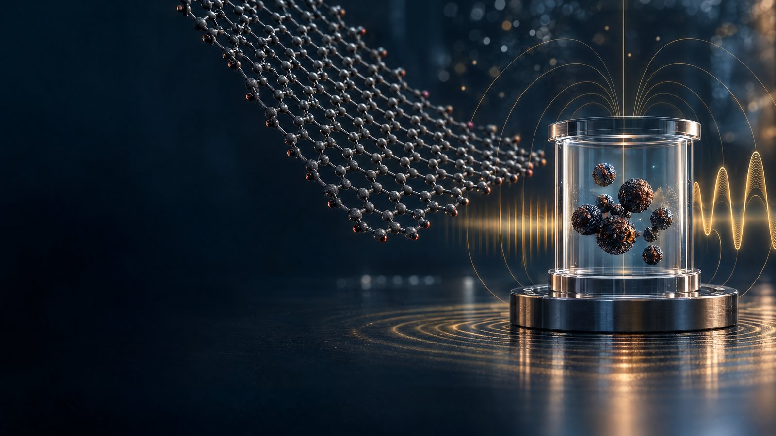 Editorial scientific illustration of a graphene lattice, engineered nanoparticles, and abstract field-wave patterns