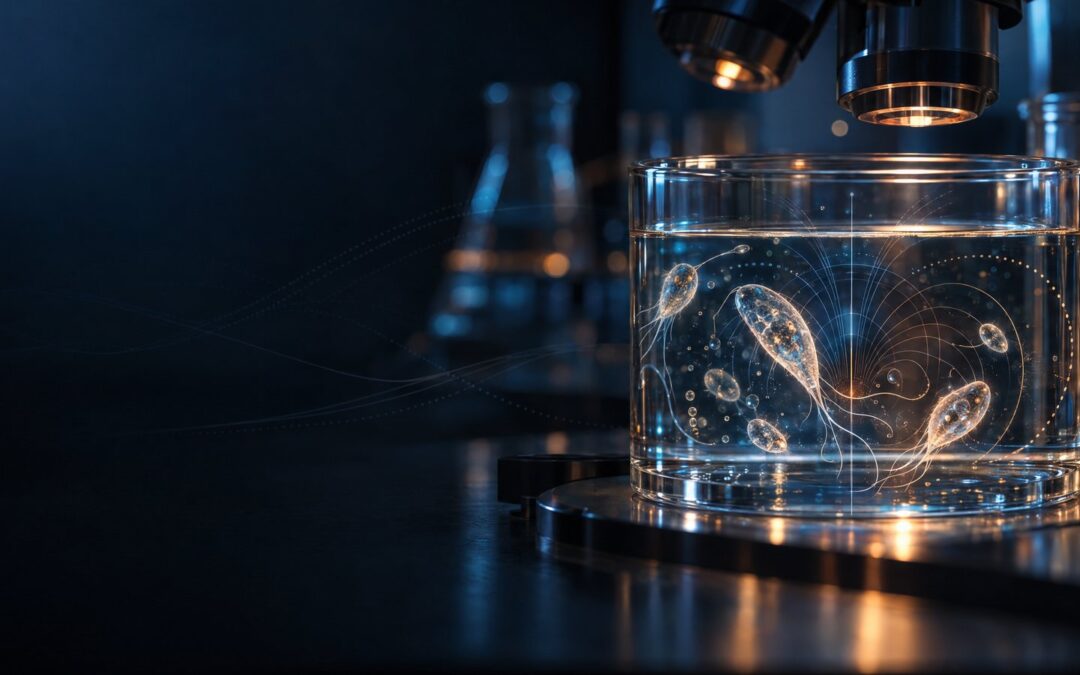 Editorial scientific illustration of abstract protozoan-like forms in a culture vessel with blue and copper field-wave geometry